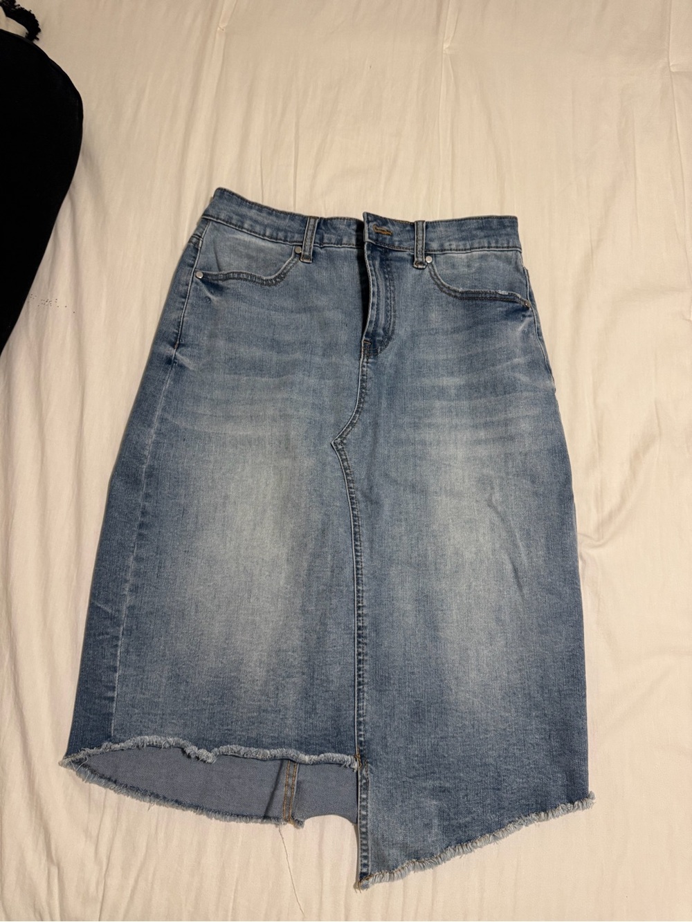 Reba Light Blue Denim Midi Skirt with Raw Hem